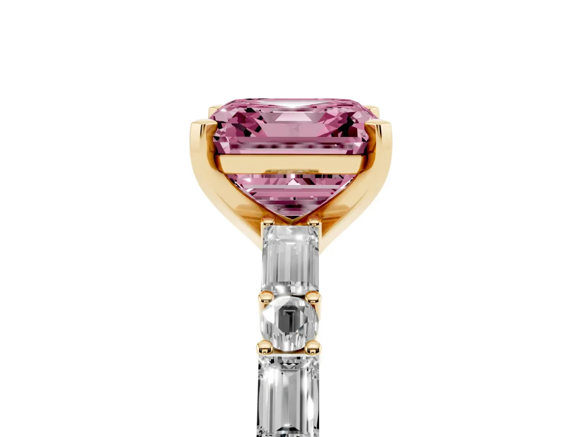 Fancy Pink Asscher Cut Diamond Solitaire with Side Baguettes and Channel Set Band Yellow gold