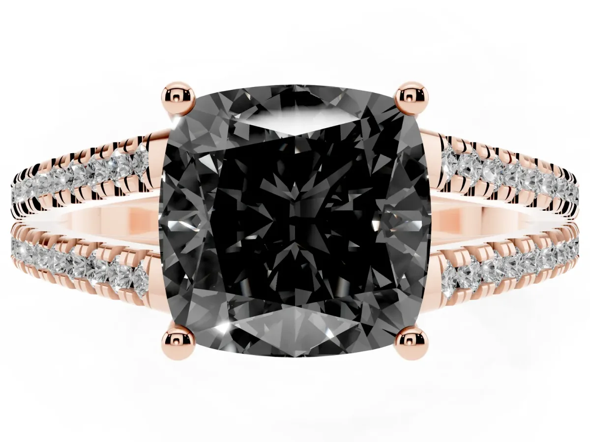 Fancy Black Cushion Cut Diamond Solitaire Engagement Ring with Split Shank Pavé Band Rose gold