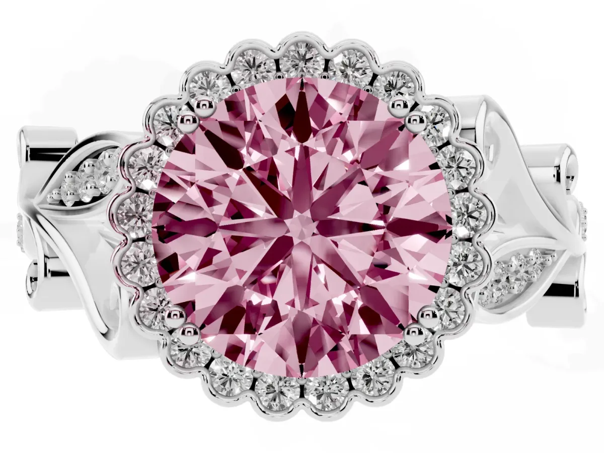 Fancy Pink Round Cut Diamond Halo Ring with Vintage Split Shank and Four-Prong Setting Silver