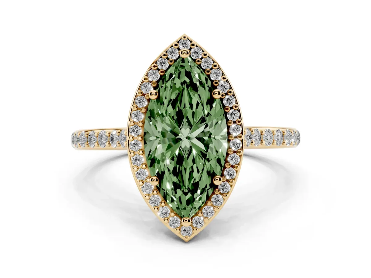 Fancy Green Marquise Cut Diamond Halo Engagement Ring with Round Pavé Shoulders and Prong Setting Yellow gold