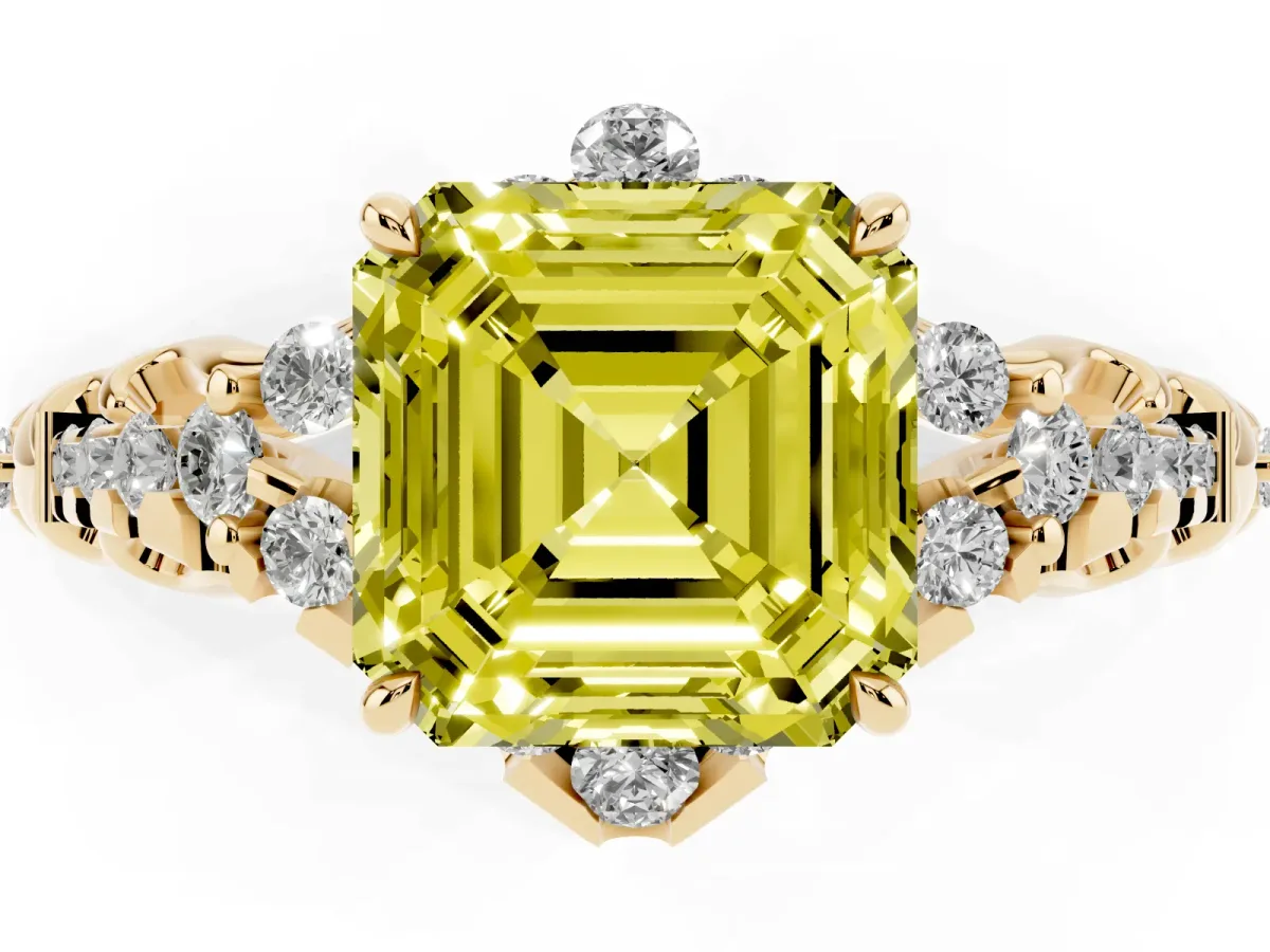 Fancy Yellow Asscher Cut Diamond Solitaire Ring with Hidden Halo and Pavé Band Yellow gold
