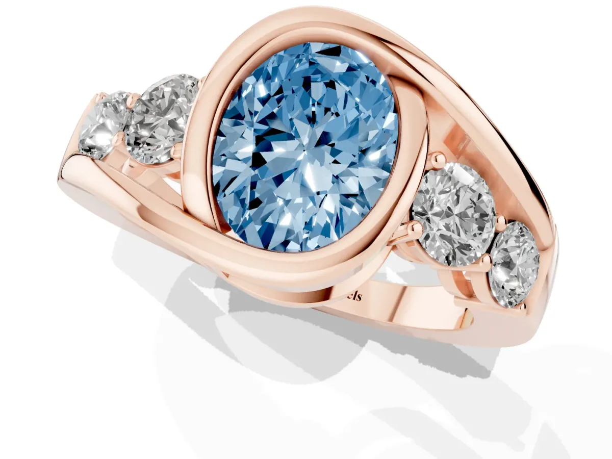 Fancy Blue Bezel Set Oval Cut Diamond Bypass Ring with Round Accents Rose gold