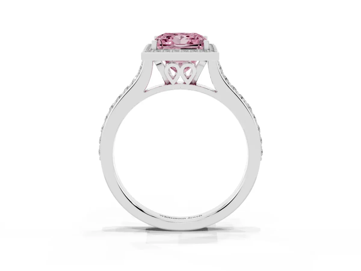 Fancy Pink Princess Cut Diamond Halo Engagement Ring with Round Pavé Shoulders and Prong Setting Silver