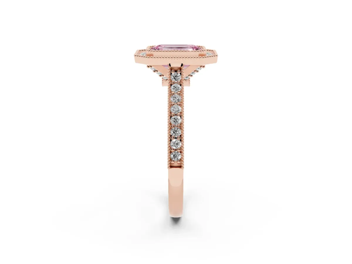 Fancy Pink Halo Emerald Cut-Cut Diamond Pave Band Milgrain Prong Setting Ring Rose gold