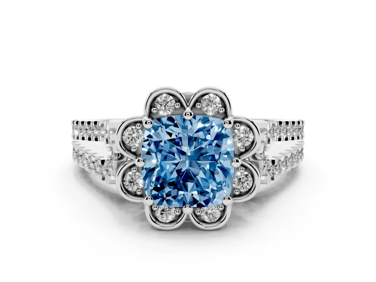 Fancy Blue Cushion Cut Halo Diamond Floral Split Shank Engagement Ring Silver