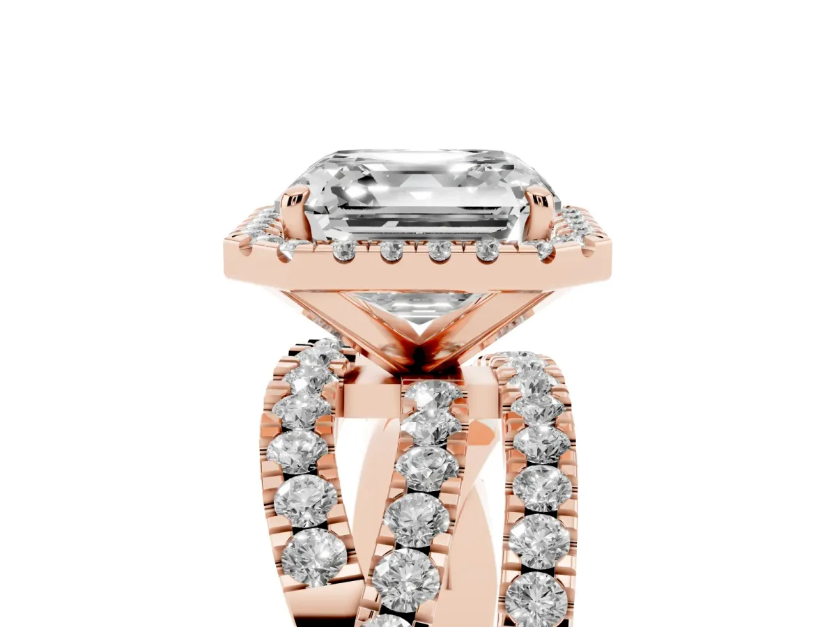 Asscher Cut Diamond Halo Ring with Round Split Shank and Prong Setting Rose gold