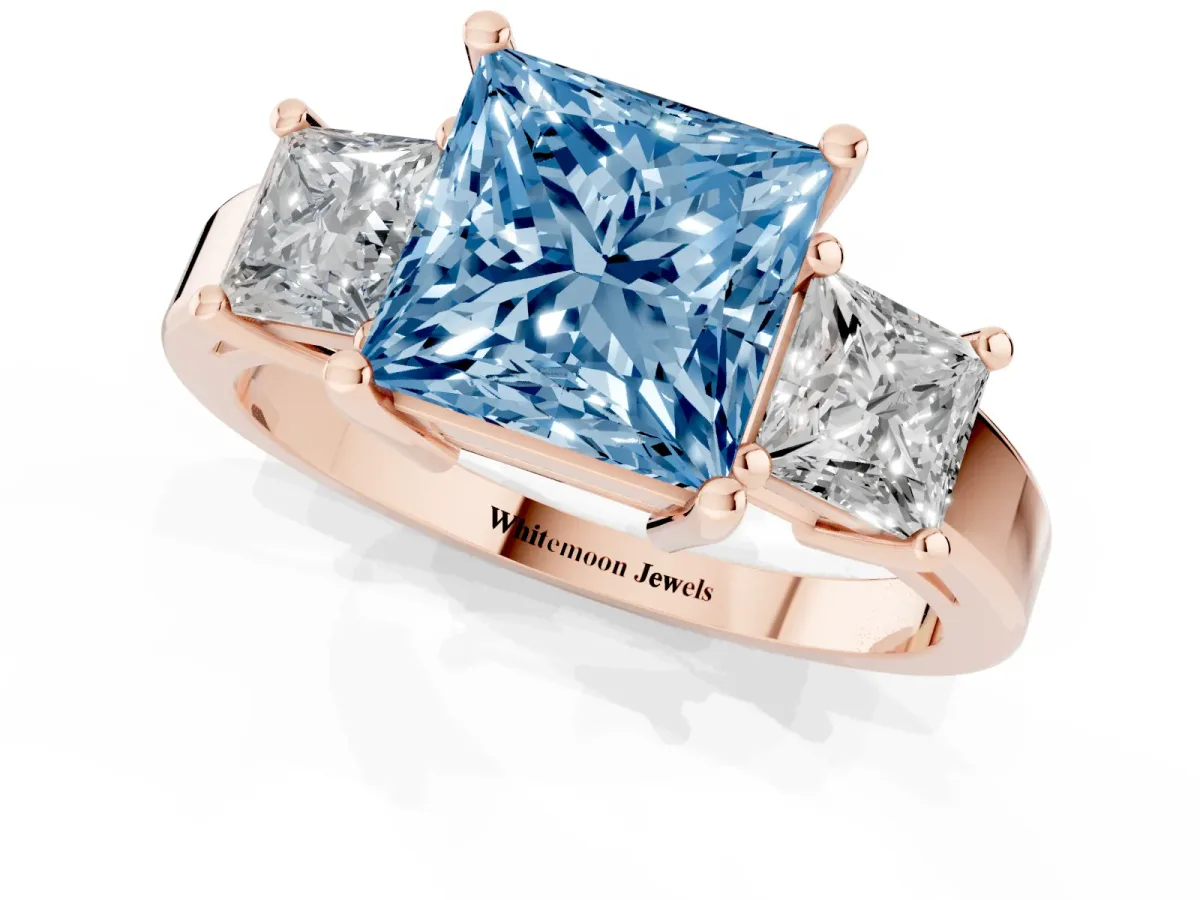 Fancy Blue Three-Stone Princess Cut Cut Solitaire Ring with Prong Setting Rose gold