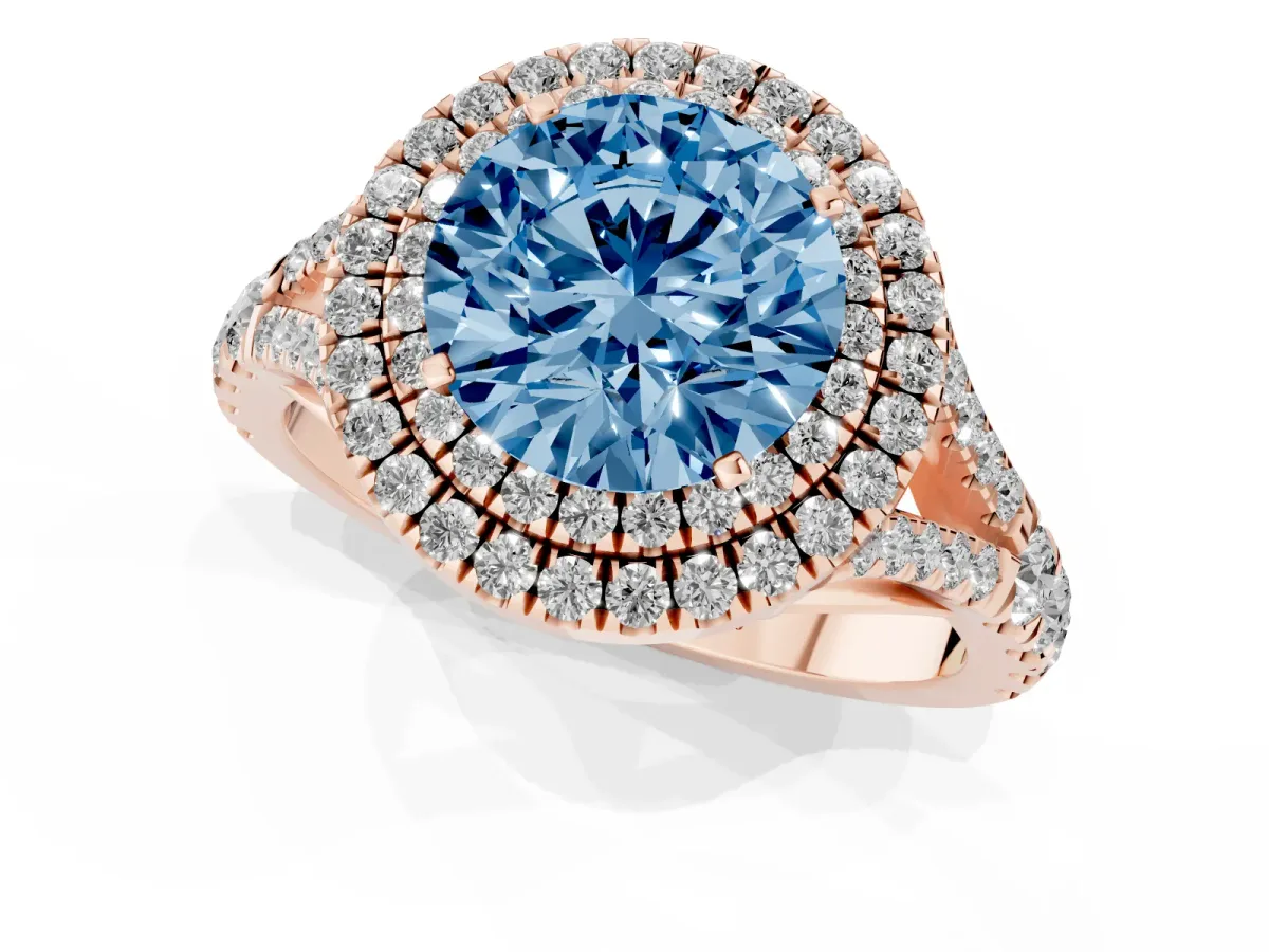 Fancy Blue Round Cut Diamond Double Halo Ring with Split Shank and Prong Setting Rose gold