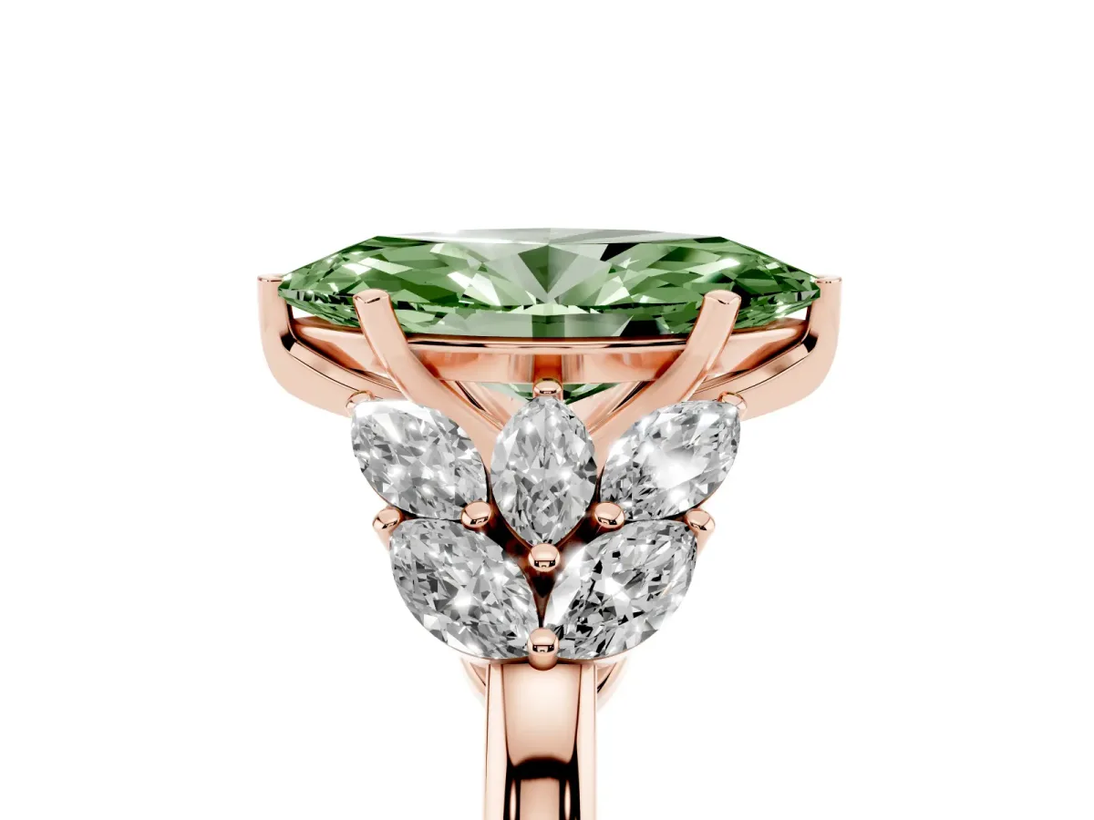 Fancy Green Marquise Cut Diamond Cluster Leaf Design Ring with Prong Setting Rose gold