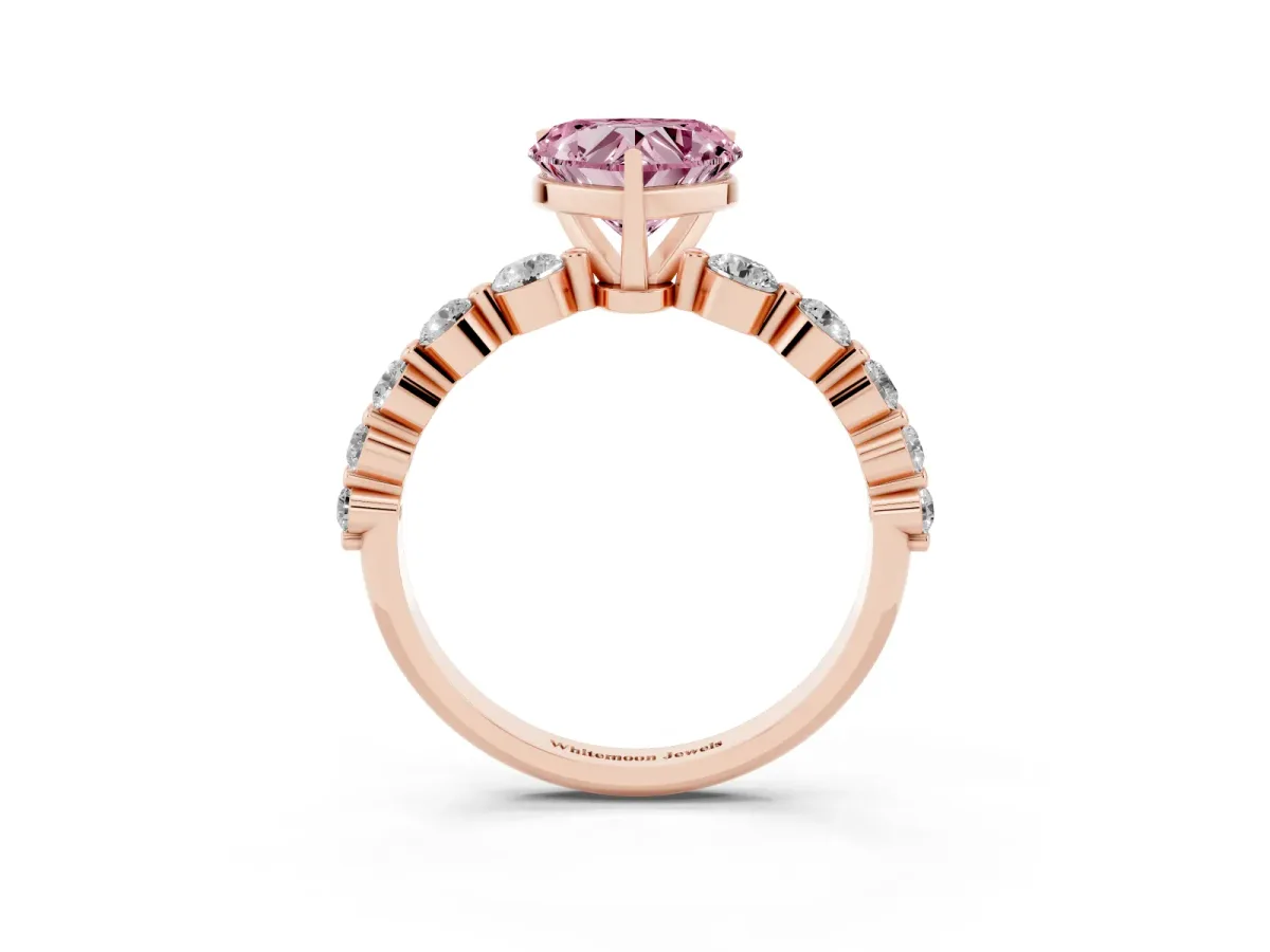Fancy Pink Heart Cut Solitaire Diamond Ring with Pave Band and Four-Prong Setting Rose gold