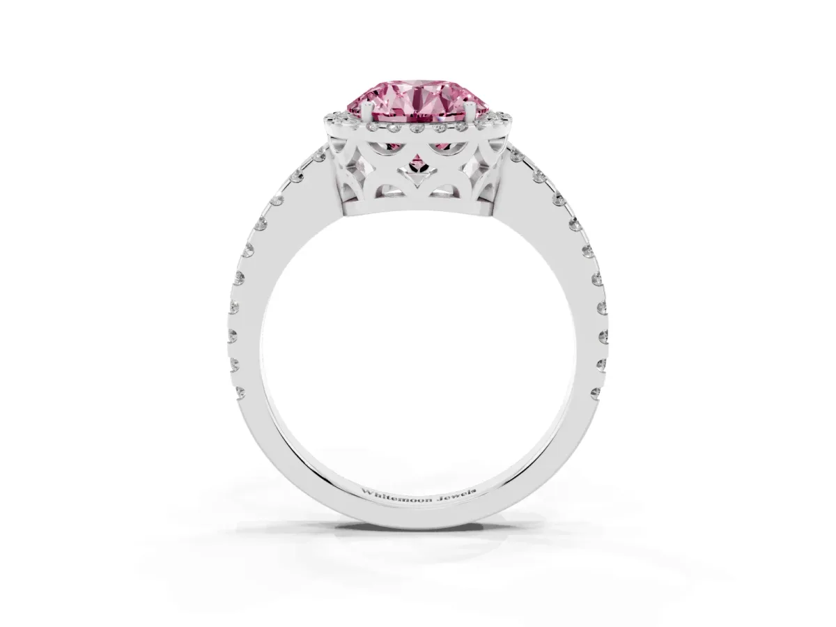 Fancy Pink Round Cut Diamond Halo Engagement Ring with Pavé Band and Prong Setting Platinum