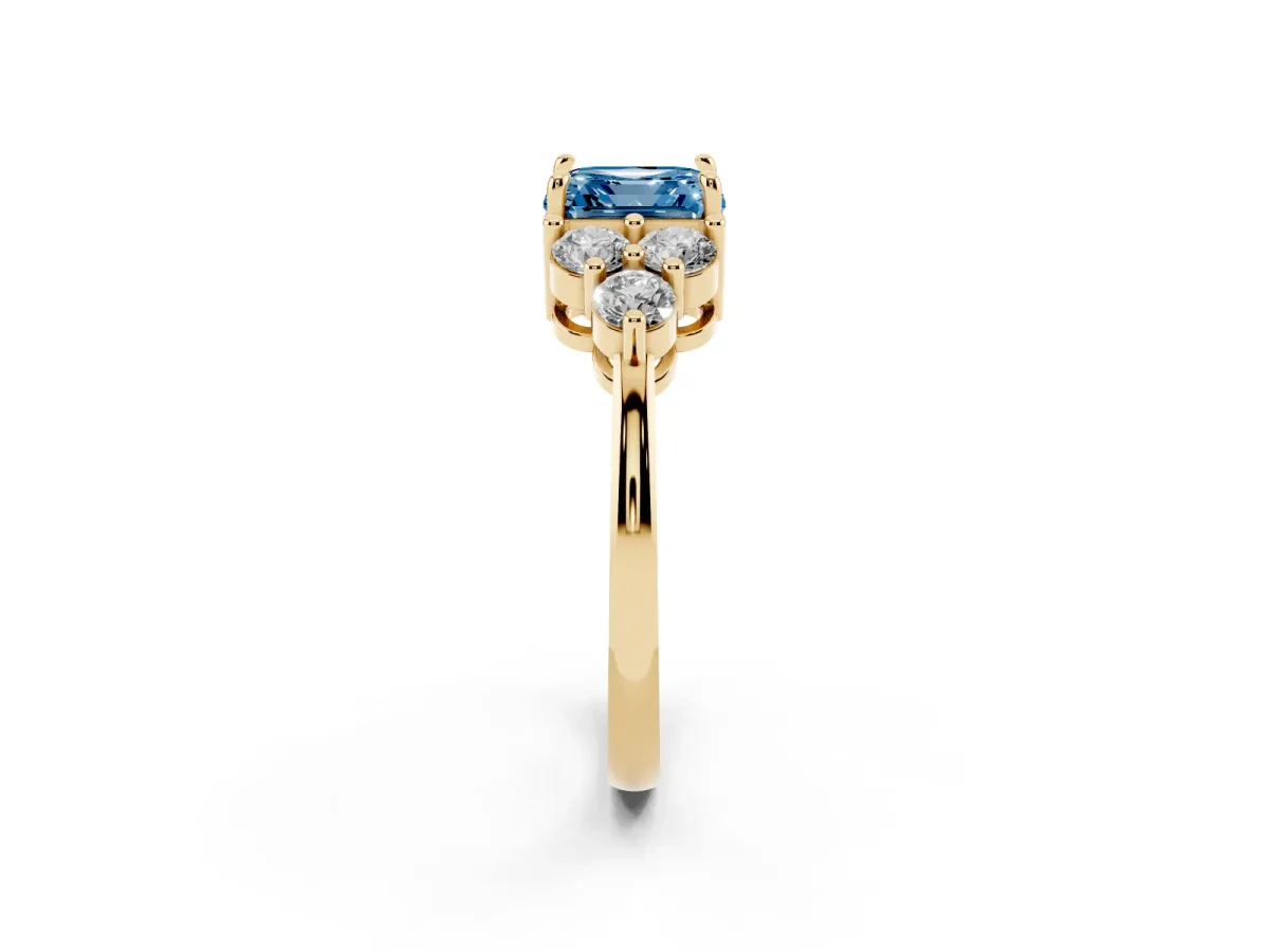 Fancy Blue Asscher Cut Brilliant Diamond Cluster Accent Solitaire Ring with Prong Setting Yellow gold