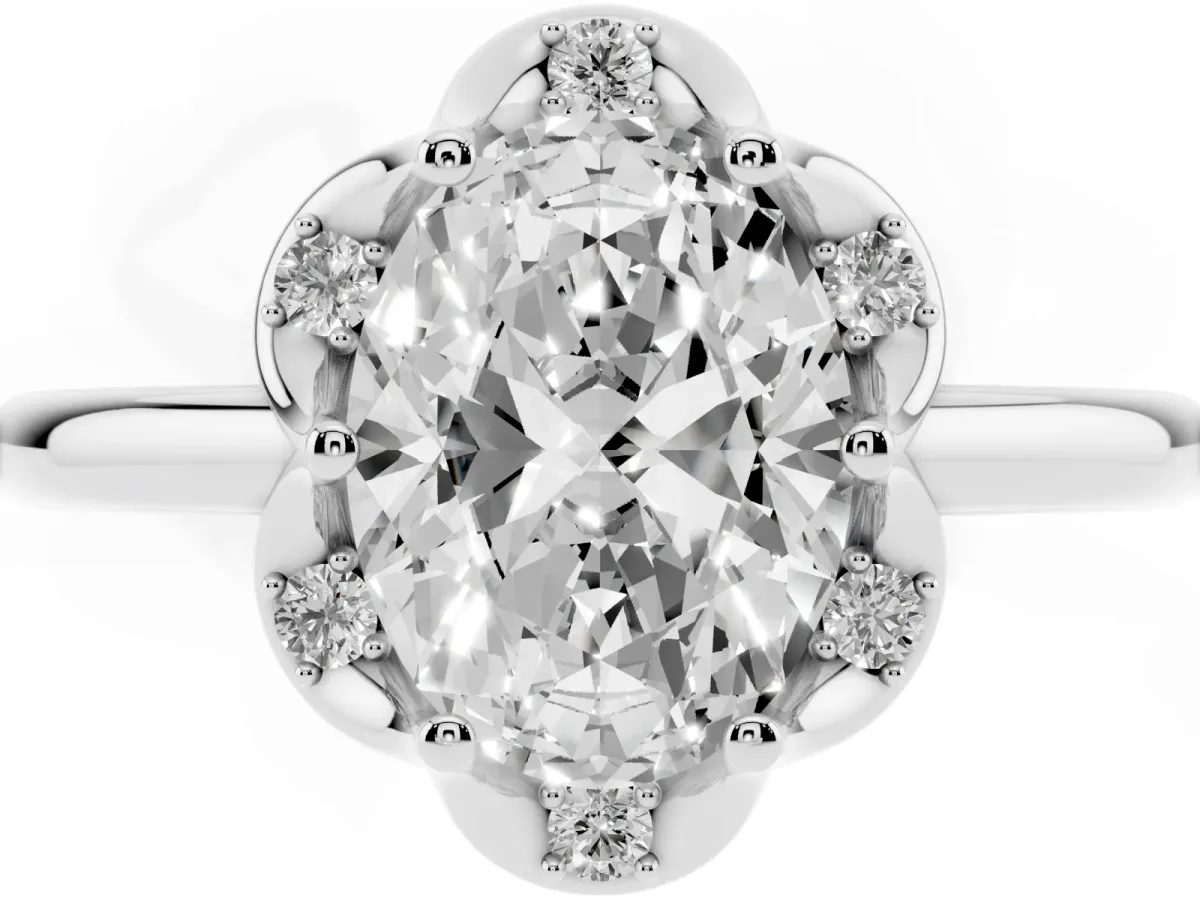Oval Cut Halo Diamond Ring with Round Cluster Setting, Solitaire Band, and Four-Prong Setting Silver