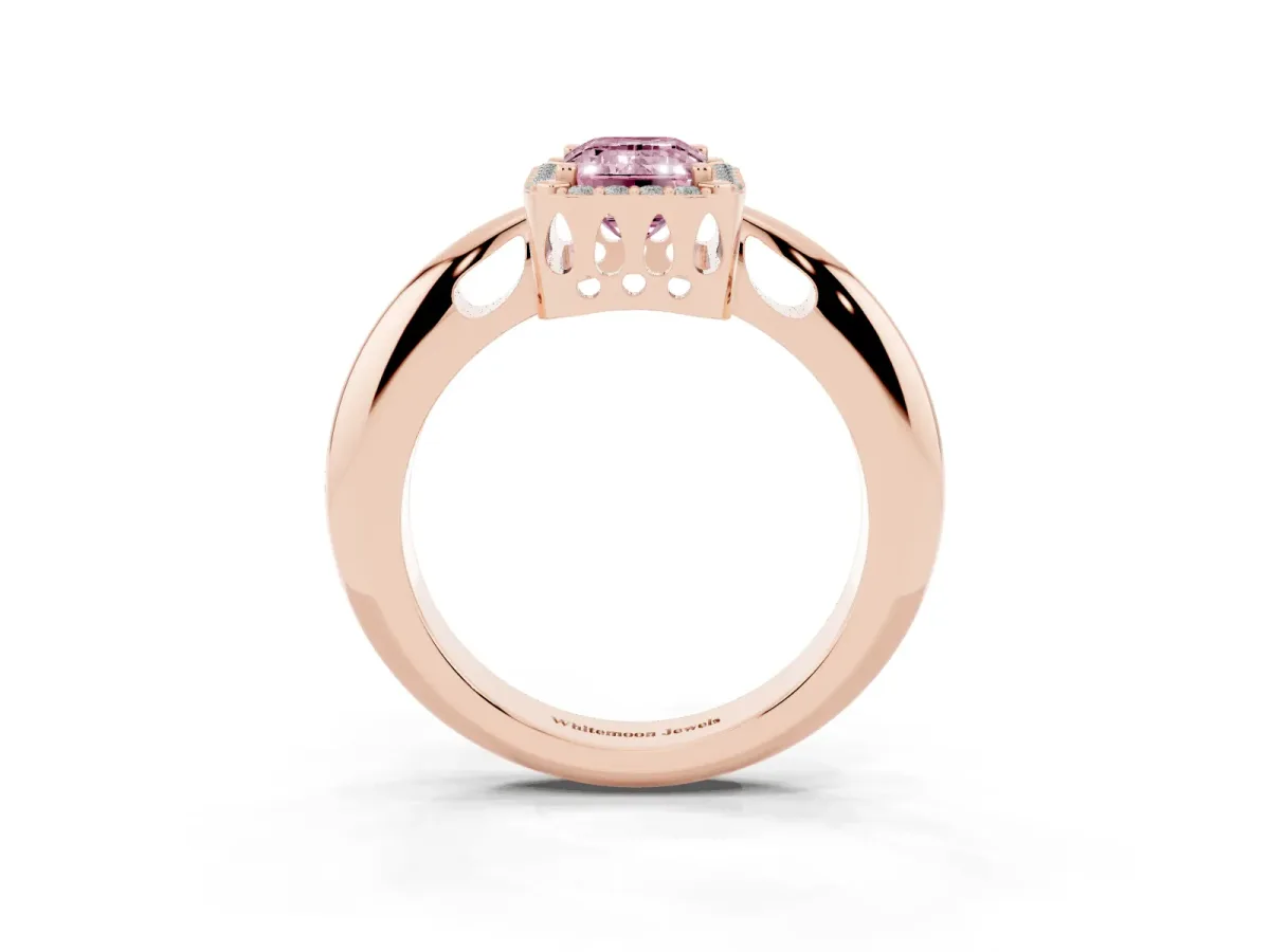 Fancy Pink Emerald Cut Cut Diamond Halo Engagement Ring with Split Shank and Four-Prong Setting Rose gold