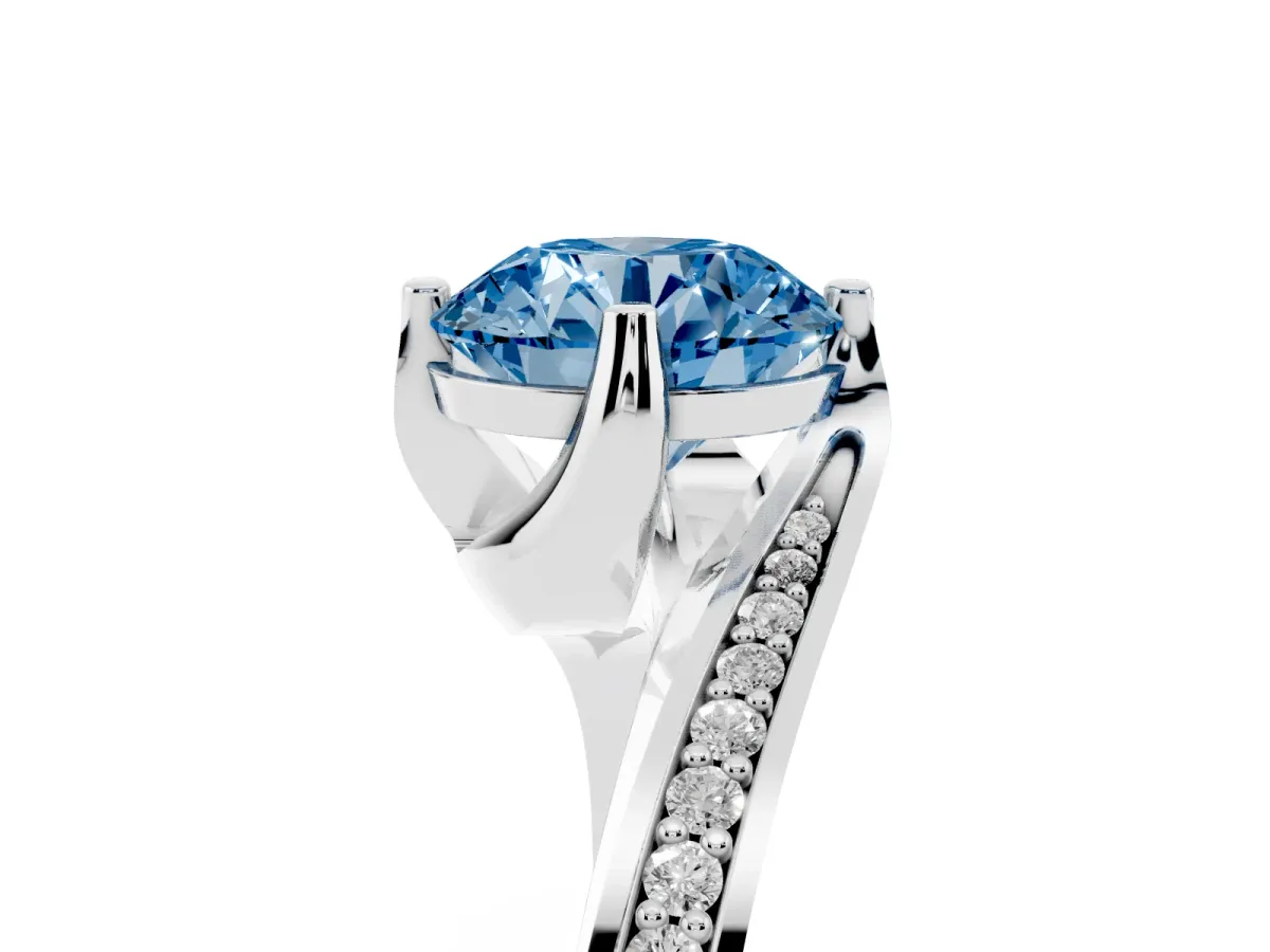 Fancy Blue Round Cut Solitaire Diamond Twist Band with Pavé Setting and Four-Prong Setting Silver