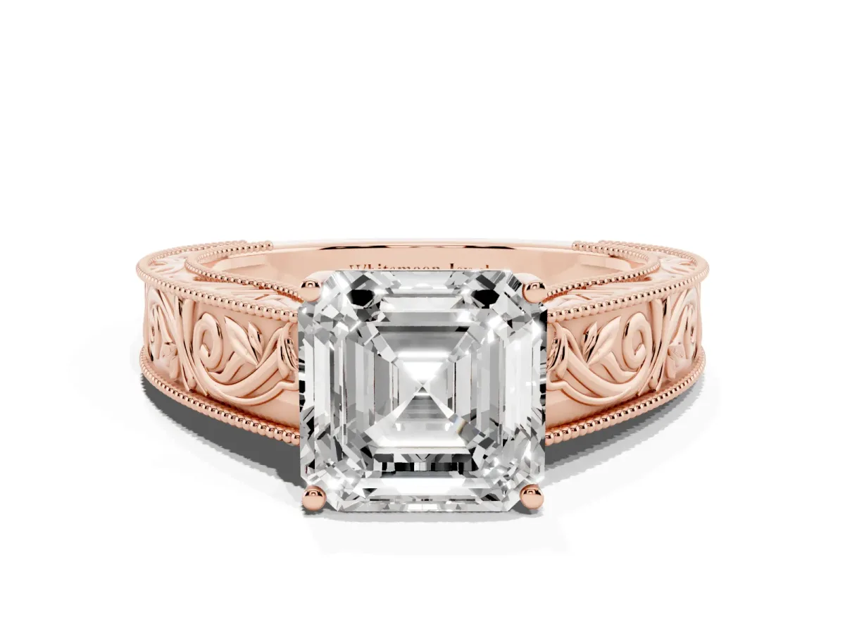 Asscher Cut Diamond Solitaire Ring with Engraved Band and Four-Prong Setting Rose gold
