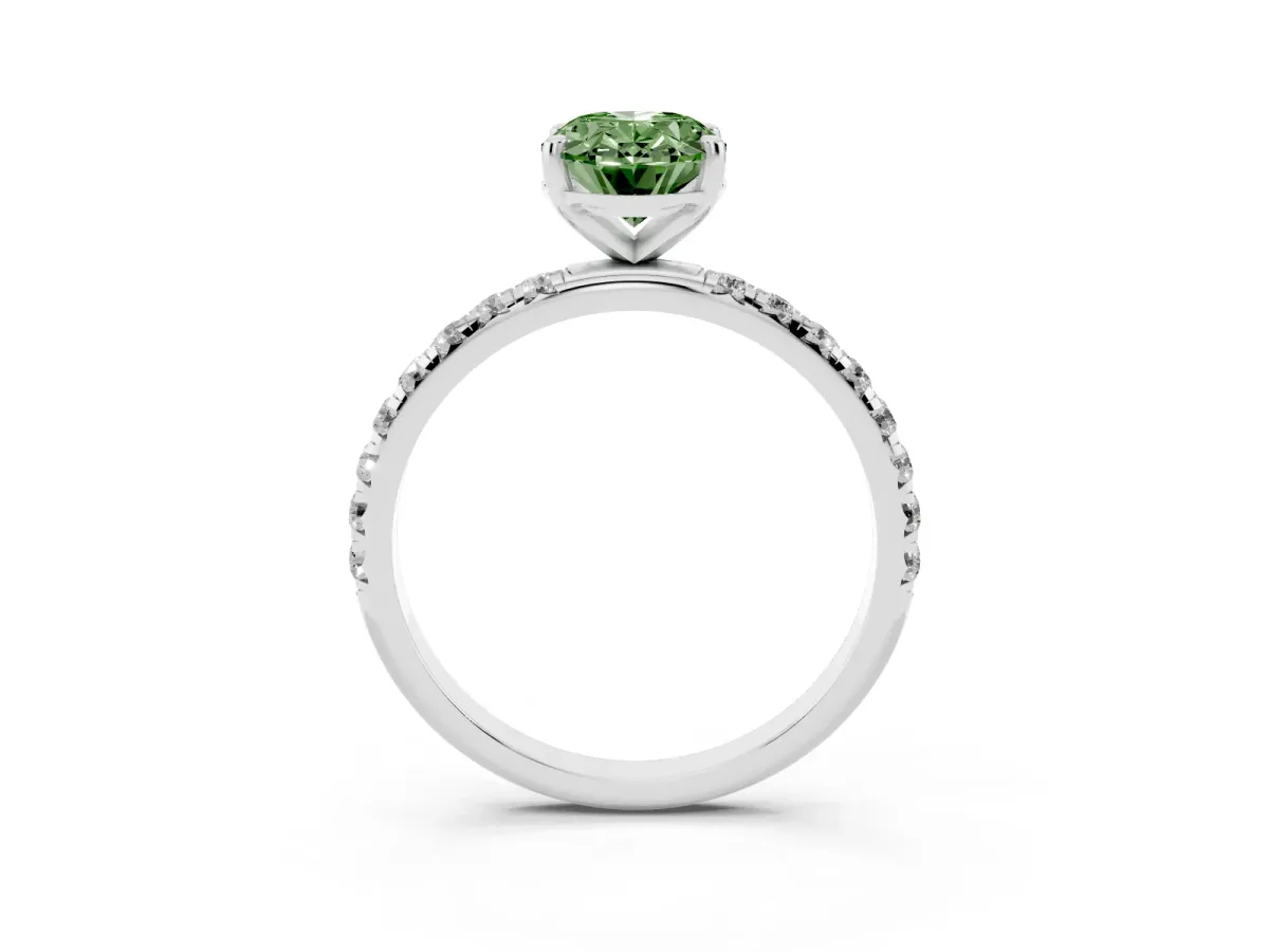 Fancy Green Oval Cut Cut Diamond Solitaire Ring with Micro Pave Band and Four Prong Setting Silver