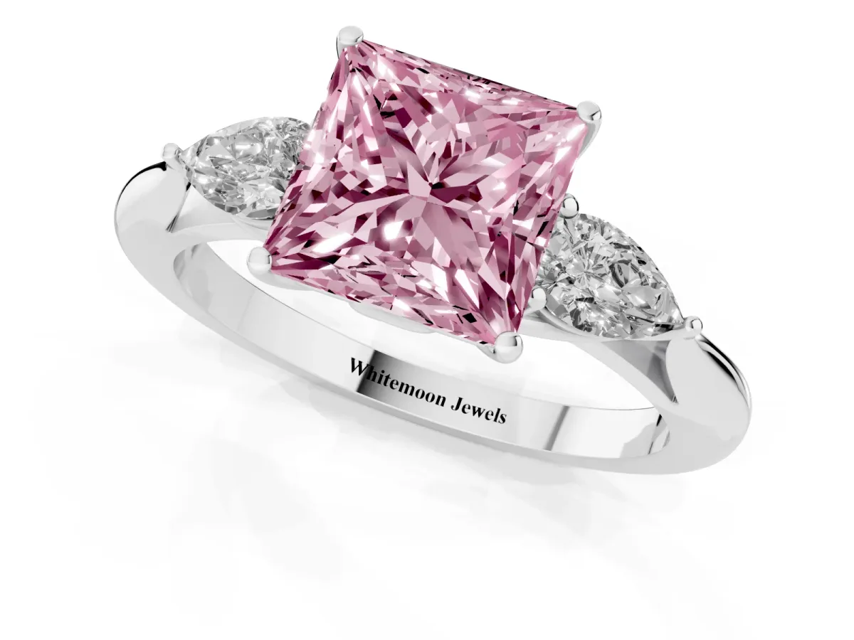 Fancy Pink Princess Cut Diamond Three-Stone Ring with Pear Side Stones and Prong Setting Silver