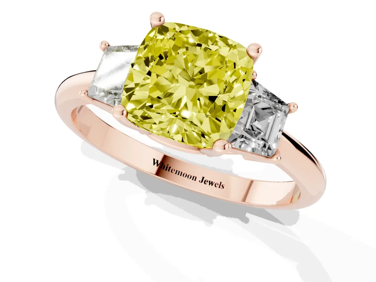 Fancy Yellow Cushion Cut Diamond Three-Stone Ring with Trapezoid Side Stones and Prong Setting Rose gold
