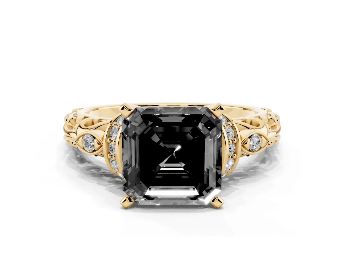 Fancy Black Asscher Cut Diamond Solitaire Ring with Filigree Band and Four-Prong Setting Yellow gold