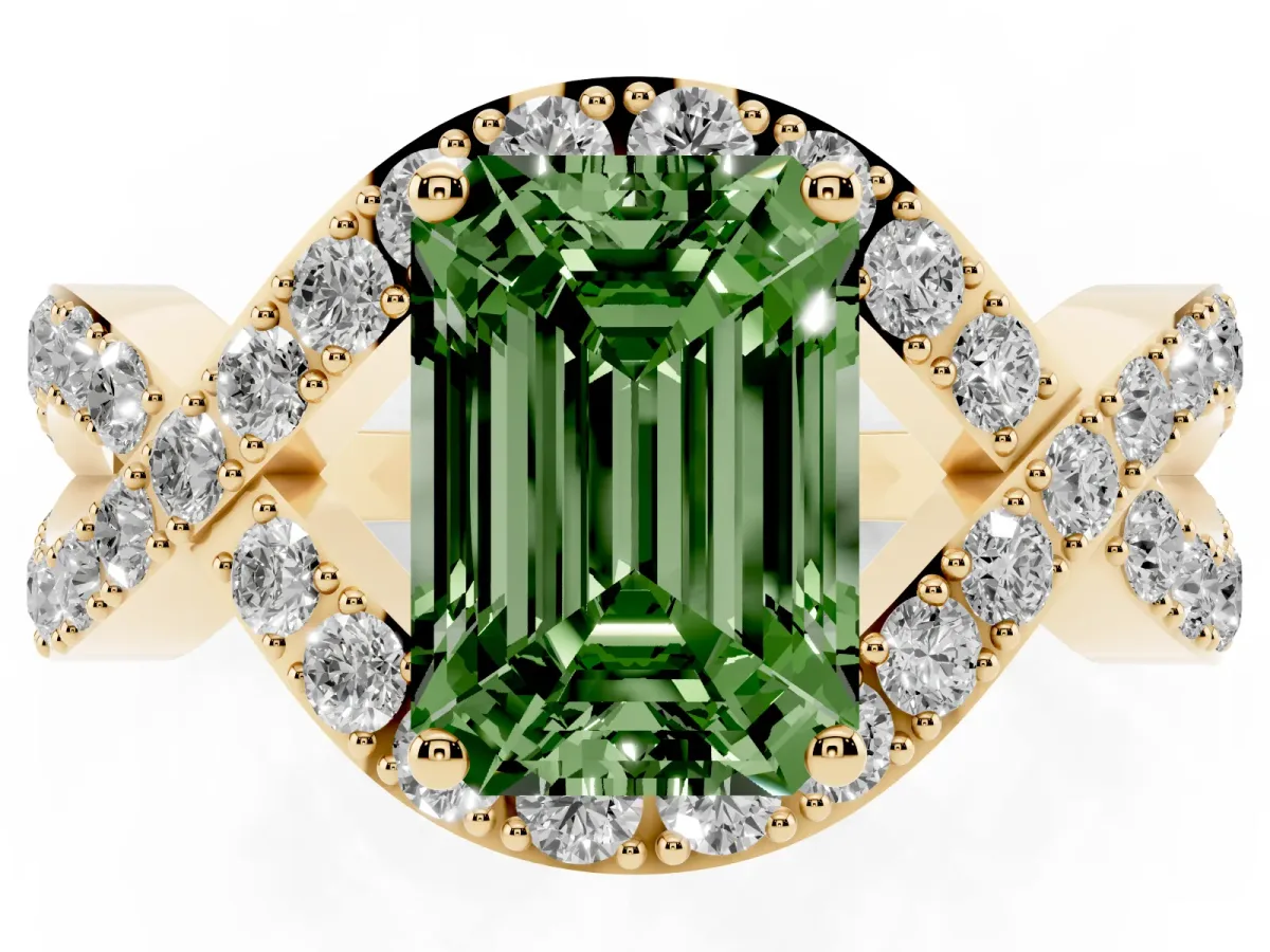 Fancy Green Emerald Cut Solitaire Twist Band Pavé Diamond Engagement Ring Yellow gold