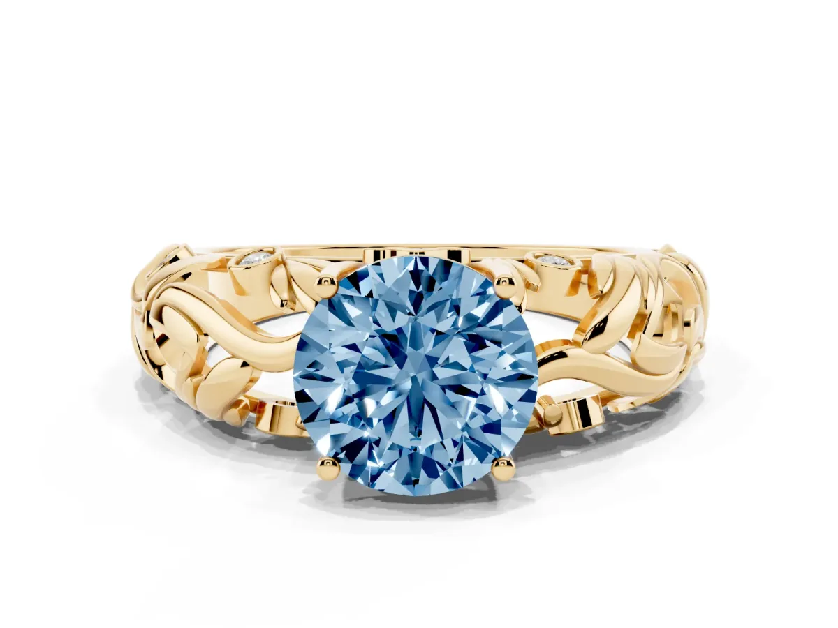 Fancy Blue Round Cut Solitaire Diamond Leaf-Inspired Vine Band Ring with Prong Setting Yellow gold