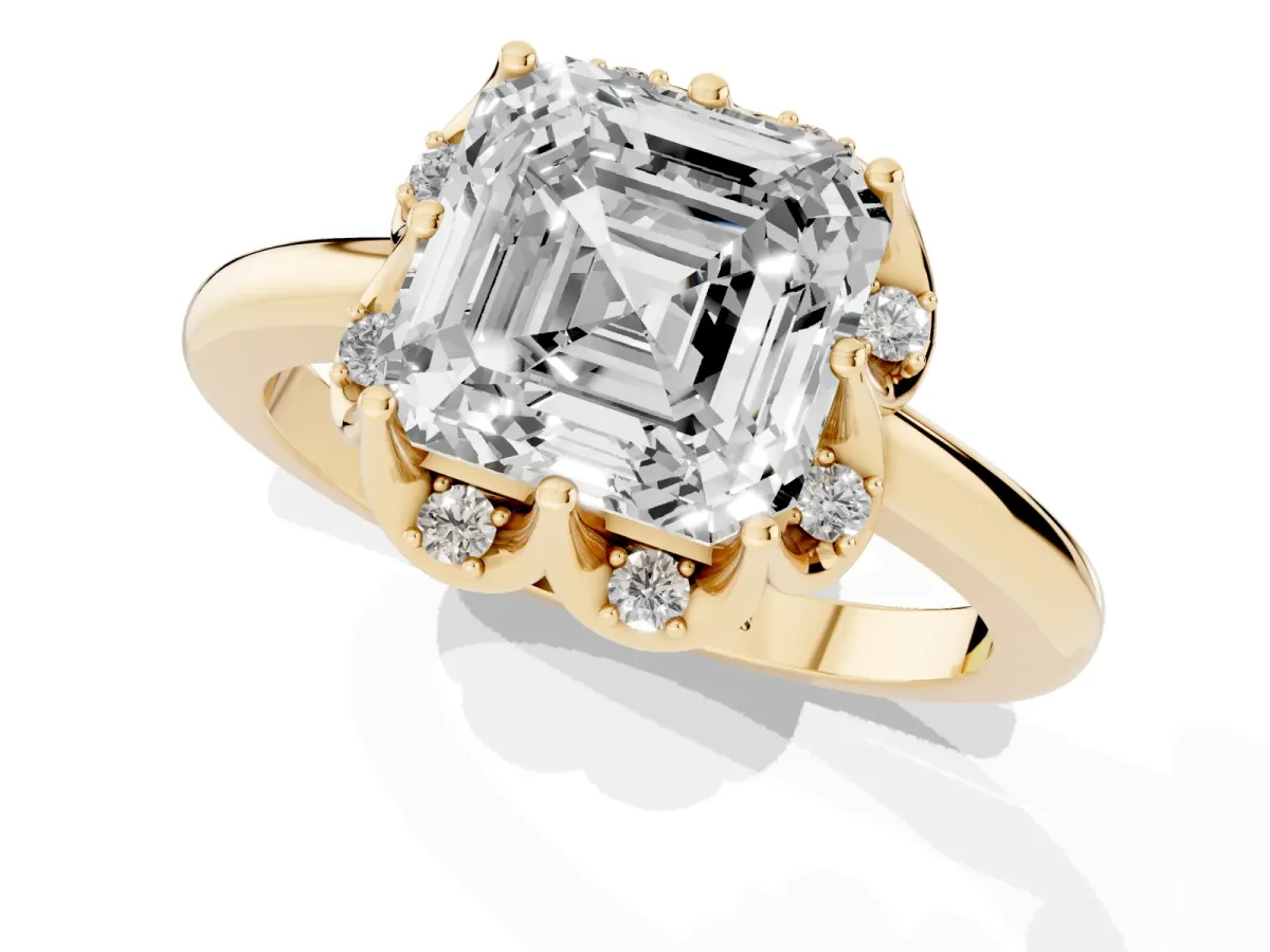 Asscher Cut Halo Diamond Ring with Round Cluster Setting, Solitaire Band, and Four-Prong Setting Yellow gold