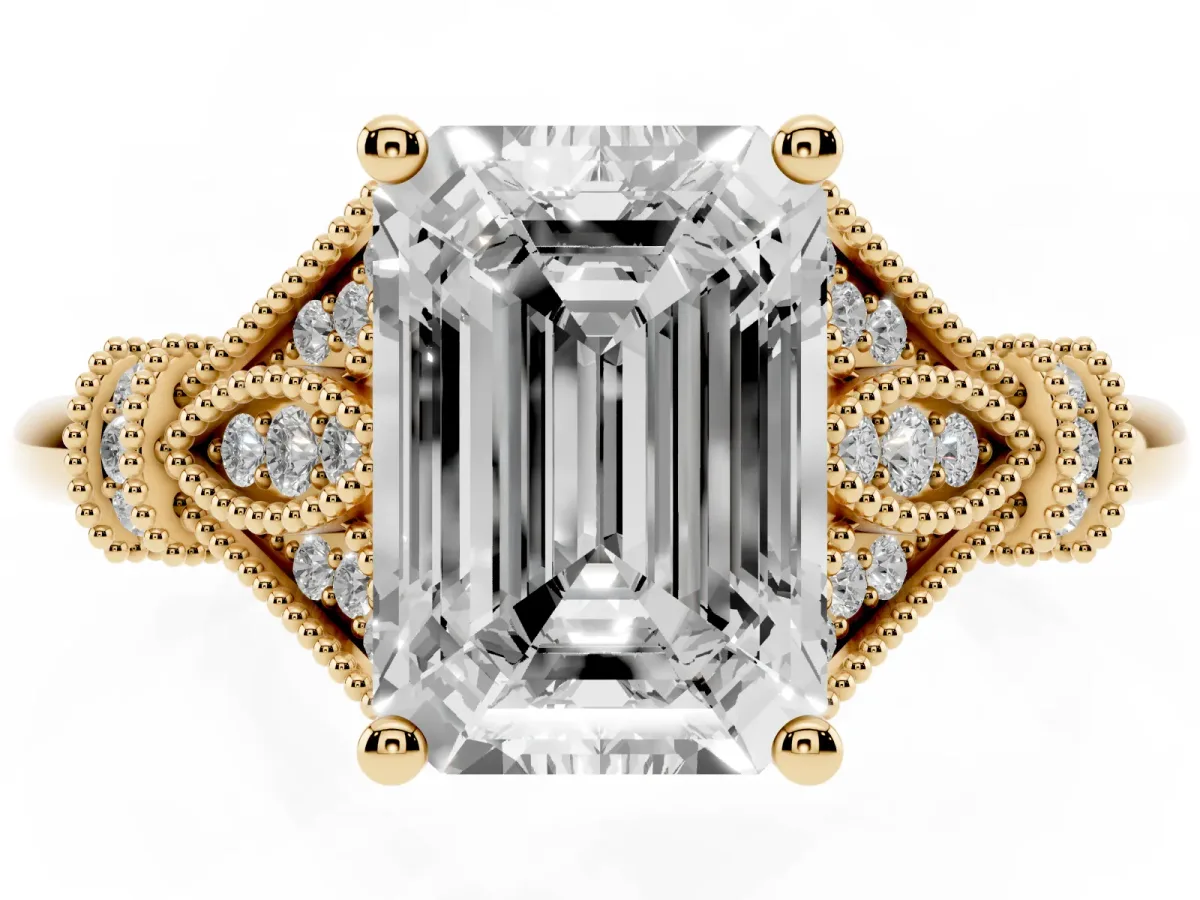 Emerald Cut Diamond Solitaire Ring with Floral Filigree and Pave Accents Yellow gold