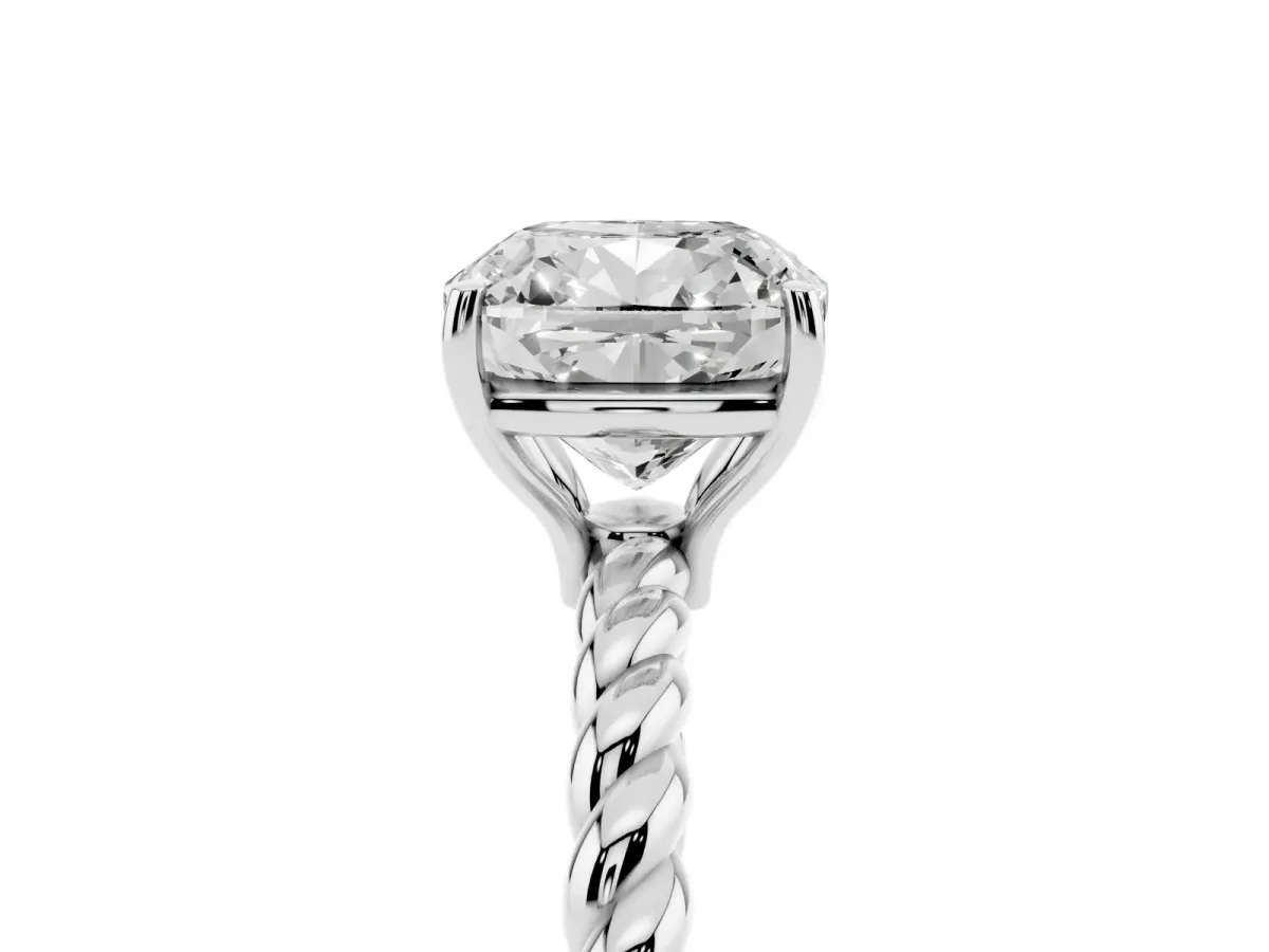 Cushion Cut Solitaire Twist Band Ring with Four-Prong Setting White gold