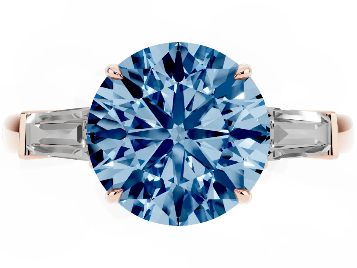 Fancy Blue Round Cut Diamond Three-Stone Ring with Tapered Baguette Side Stones and Prong Setting Rose gold
