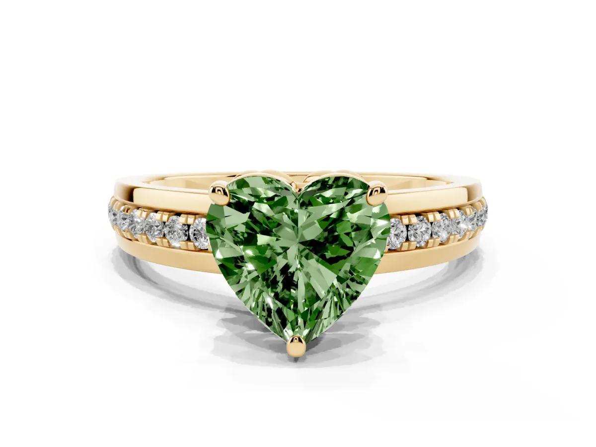 Fancy Green Heart Cut Solitaire Diamond Ring with Channel Set Band and Six-Prong Setting Yellow gold