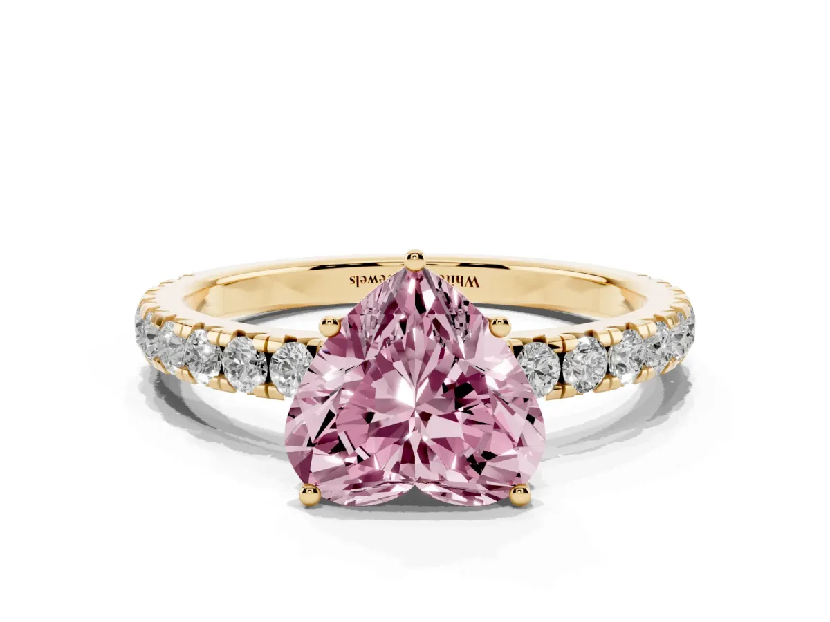 Fancy Pink Heart Cut Diamond Pavé Solitaire Engagement Ring with Four-Prong Setting Yellow gold