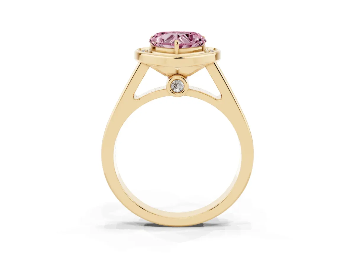 Fancy Pink Heart Cut Halo Solitaire Diamond Ring with Pave Band and Bezel Setting Yellow gold