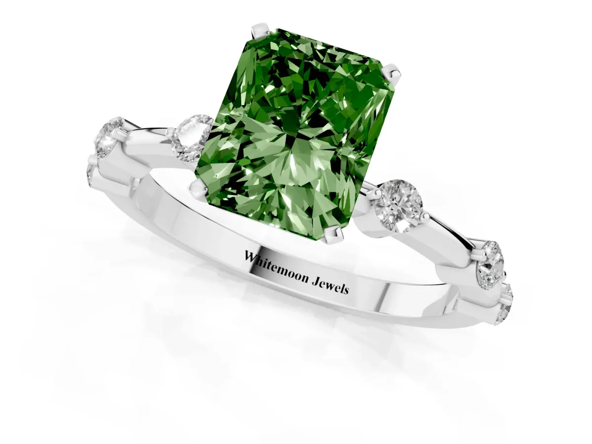 Fancy Green Radiant Cut Solitaire Diamond Ring with Bezel Set Side Stones and Prong Setting Silver