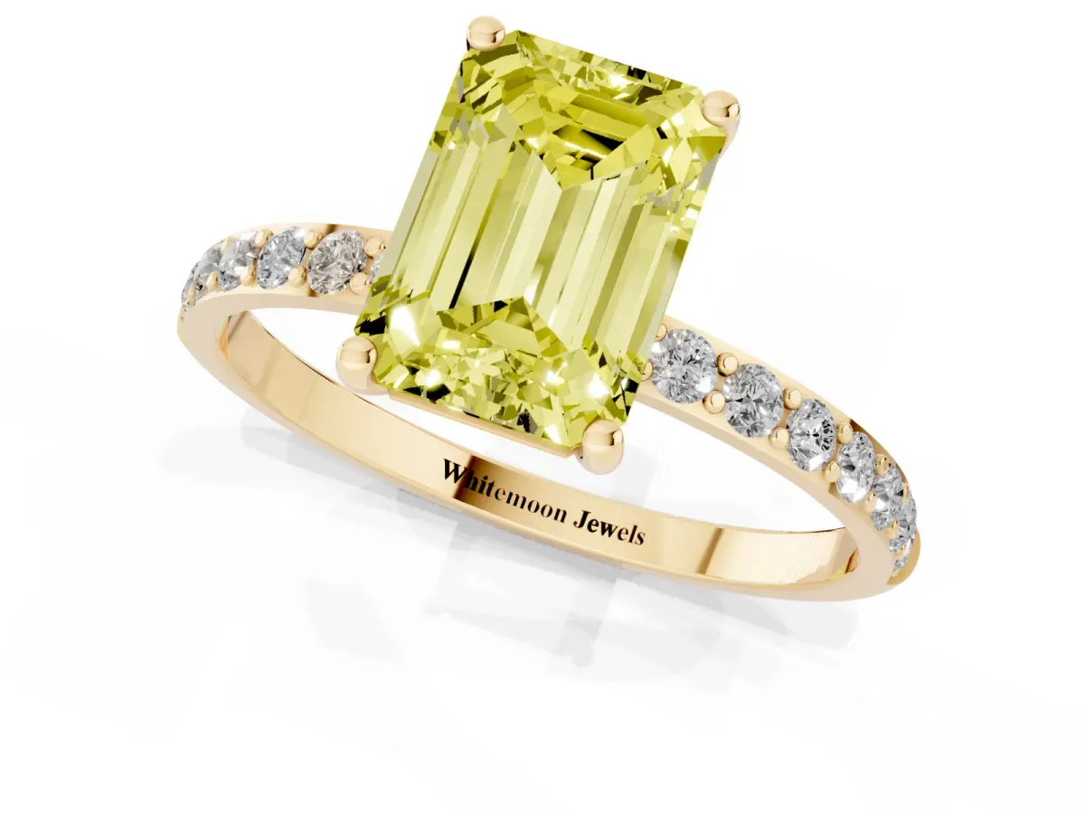 Fancy Yellow Emerald Cut Diamond Solitaire Ring with Round Pavé Shoulders and Prong Setting Yellow gold