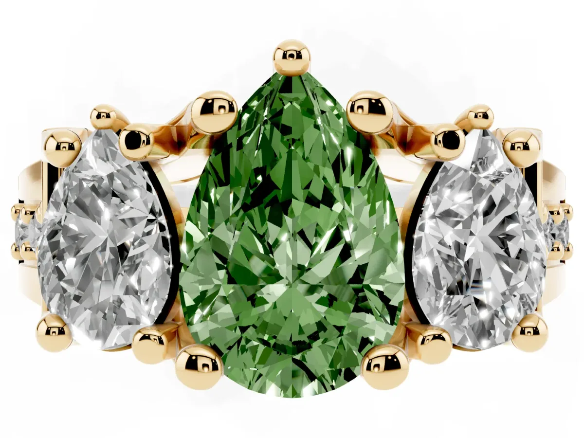 Fancy Green Pear Cut Diamond Three-Stone Ring with Channel Set Band and Four-Prong Setting Yellow gold