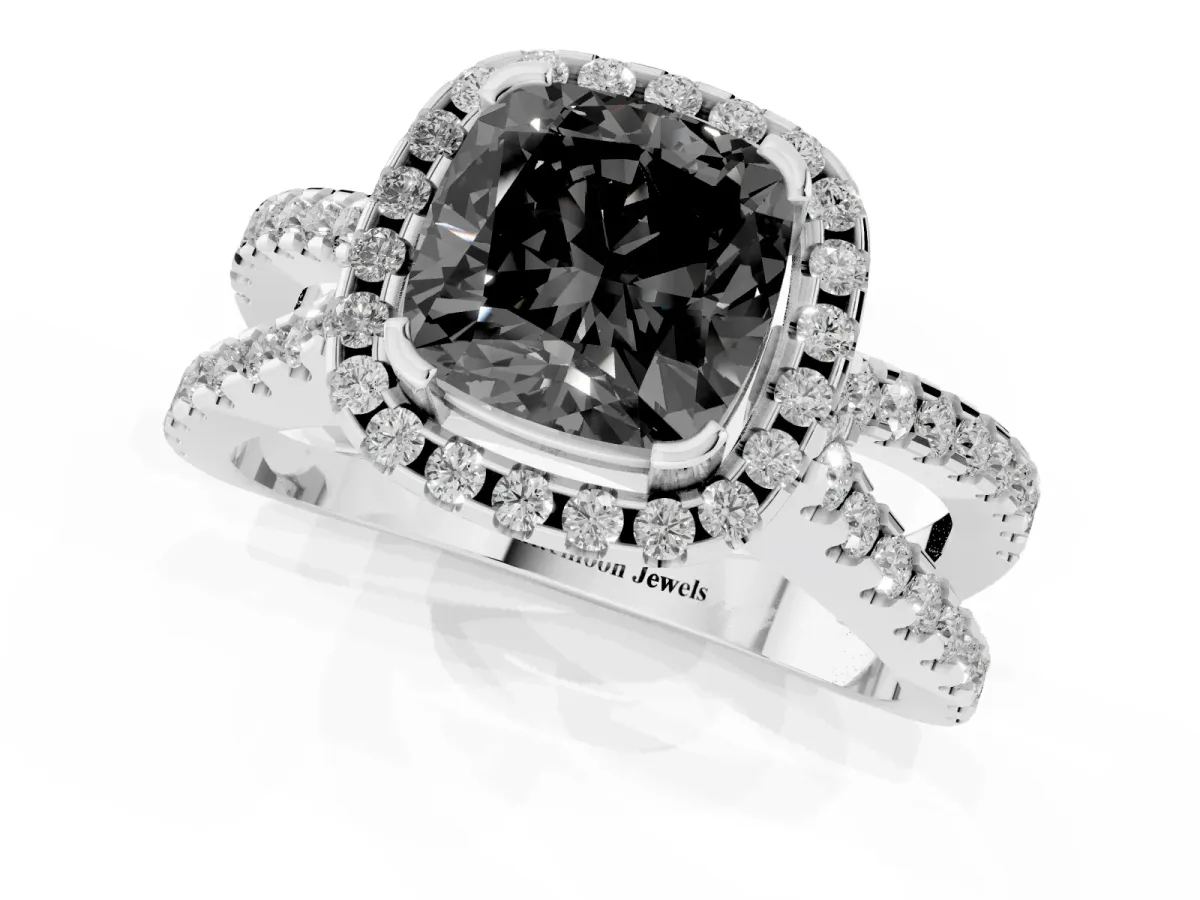 Fancy Black Cushion Cut Diamond Halo Ring with Split Shank Pavé Band and Prong Setting Silver