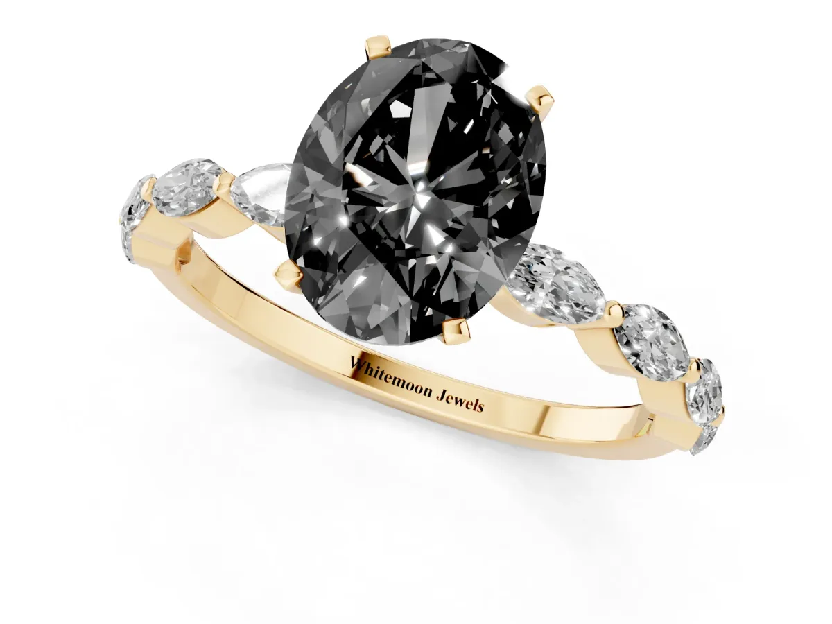 Fancy Black Oval Cut Diamond Ring with Marquise Side Stones and Prong Setting Yellow gold