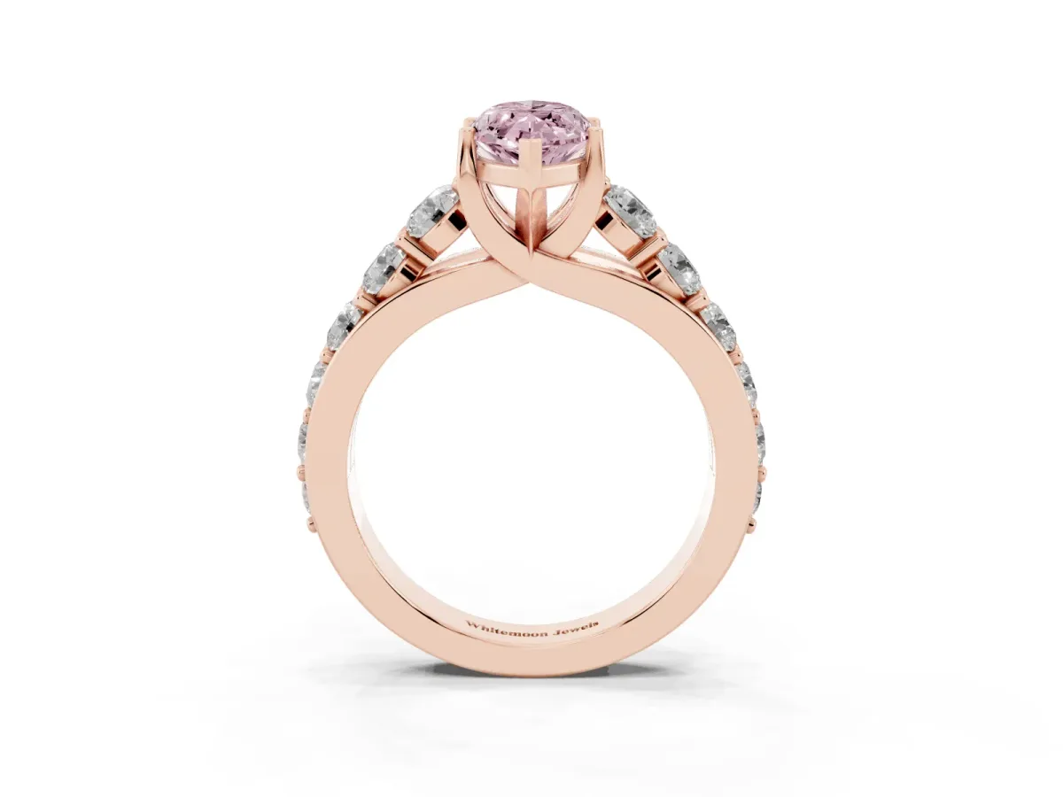 Fancy Pink Marquise Cut Diamond Engagement Ring with Pavé Band and Four-Prong Setting Rose gold