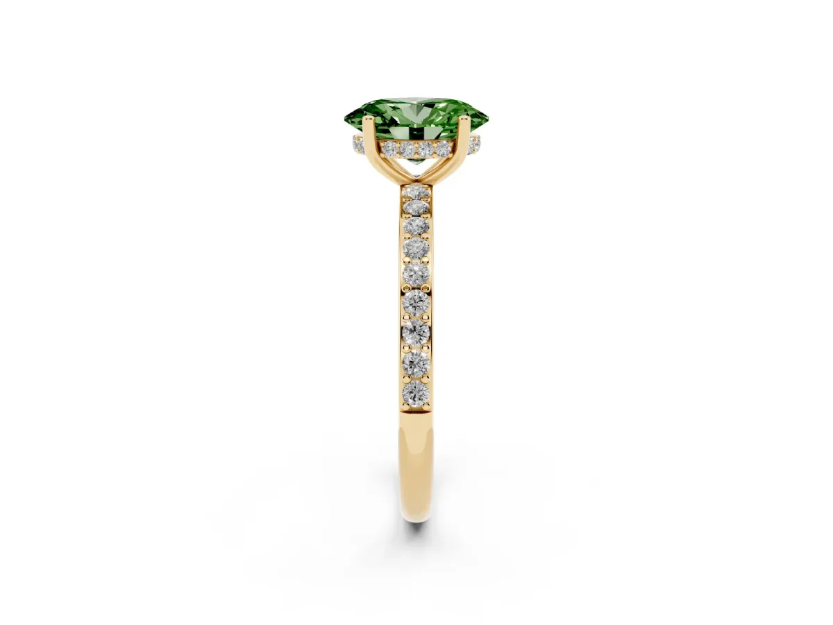 Fancy Green Oval Cut Cut Diamond Pavé Band Ring with Four-Prong Setting Yellow gold