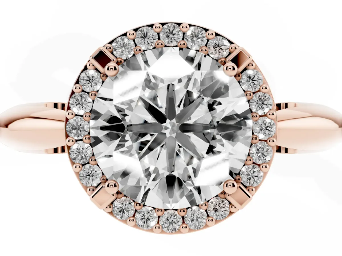 Round Cut Cut Diamond Halo Engagement Ring with Split Shank and Four-Prong Setting Rose gold