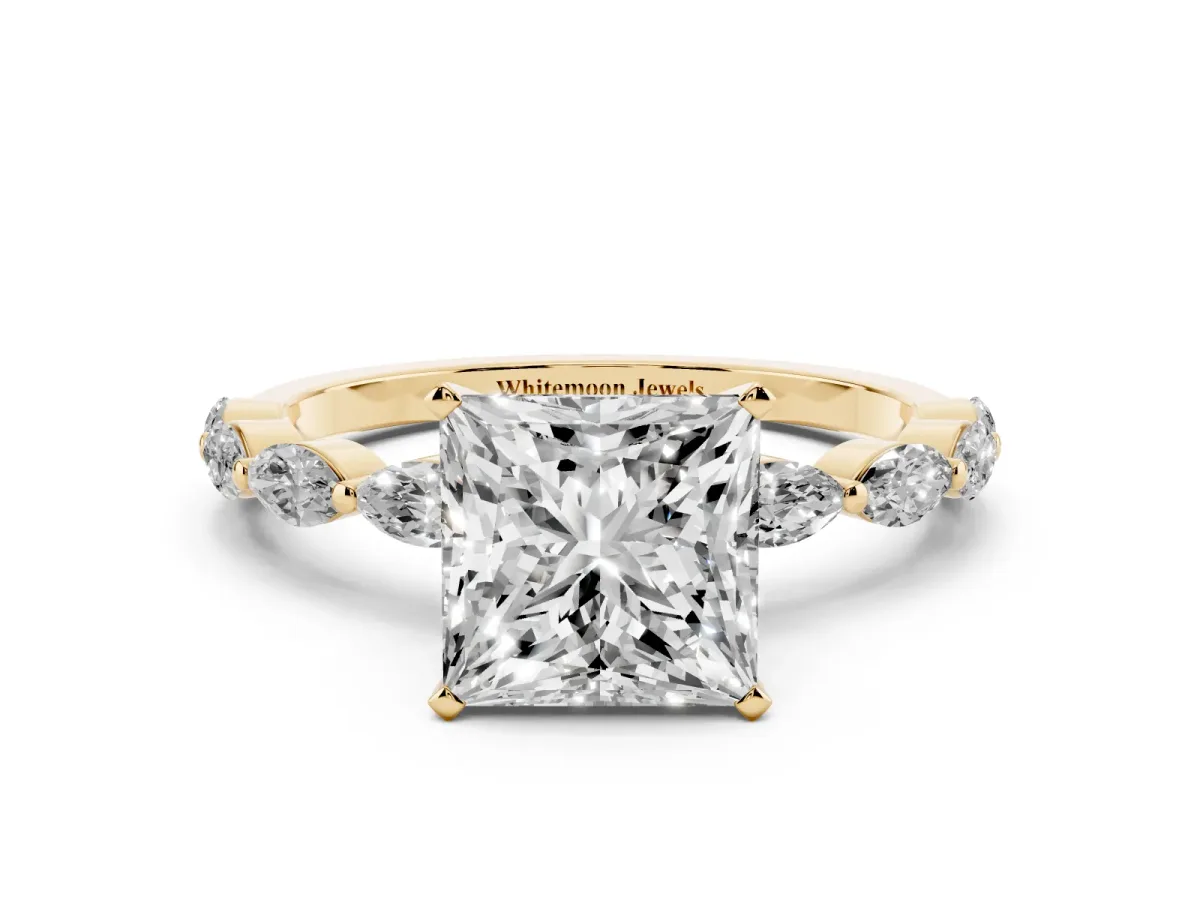 Princess Cut Diamond Ring with Marquise Side Stones and Prong Setting Yellow gold