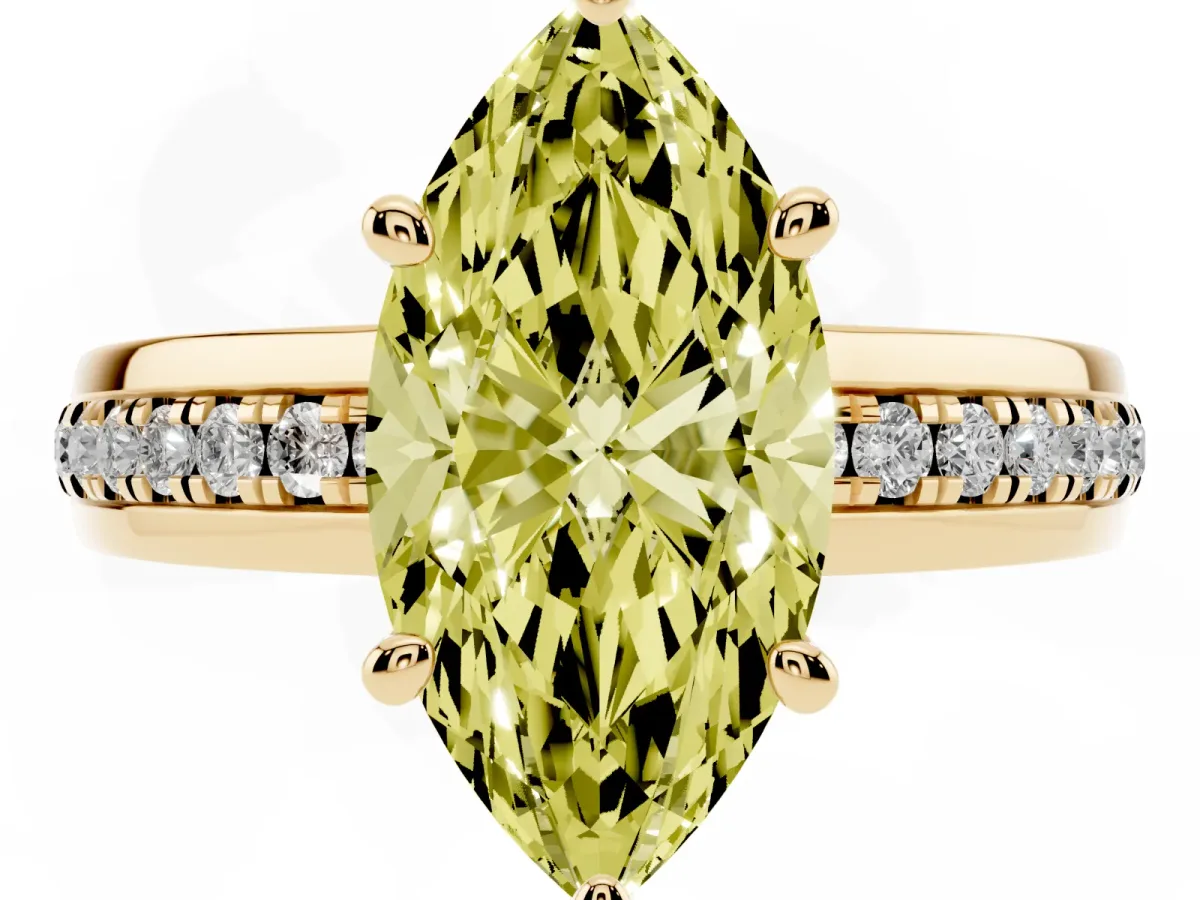 Fancy Yellow Marquise Cut Solitaire Diamond Ring with Channel Set Band and Six-Prong Setting Yellow gold