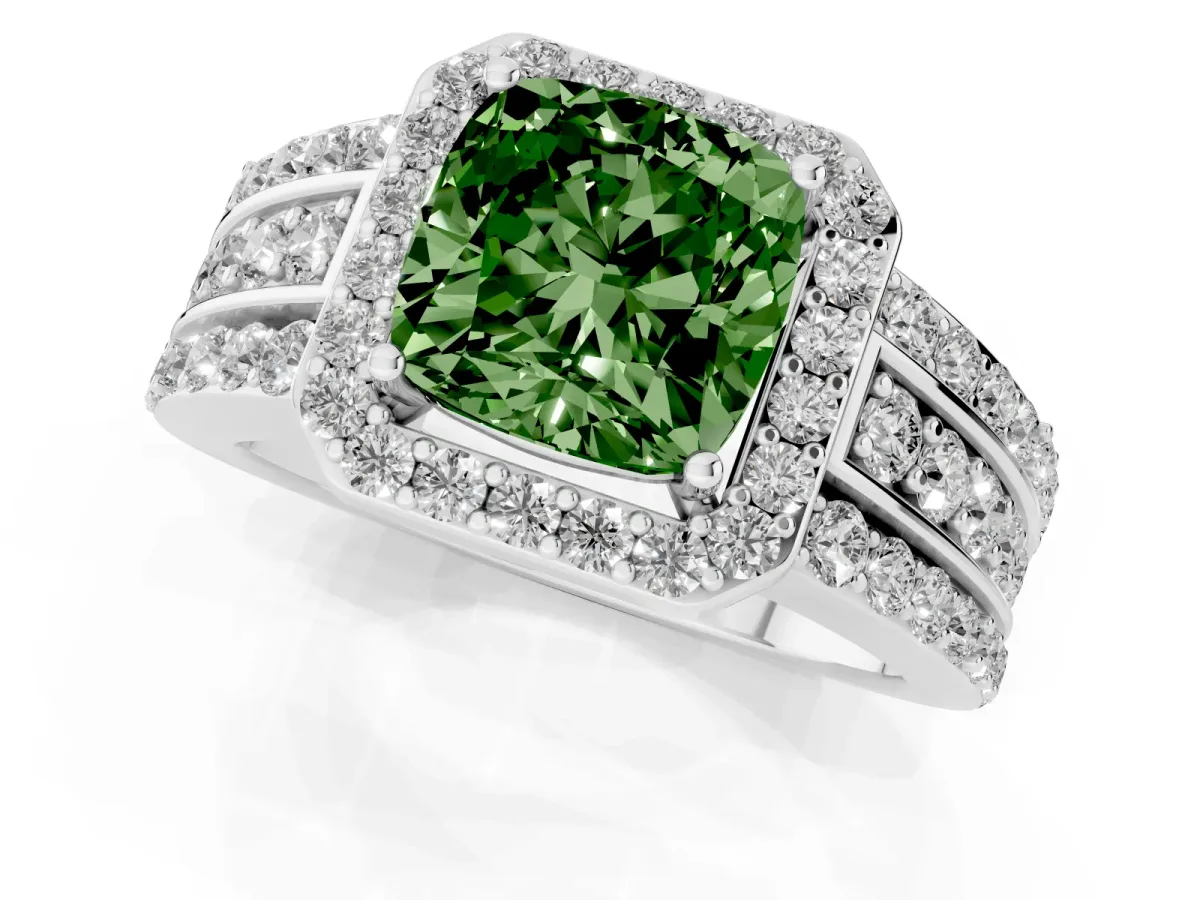Fancy Green Cushion Cut Halo Diamond Ring with Round Split Shank and Prong Setting Silver