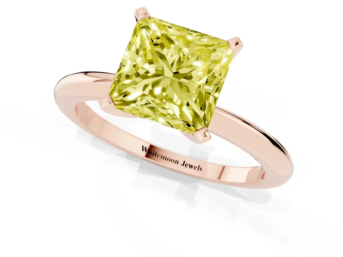 Fancy Yellow Princess Cut Diamond Solitaire Ring with Prong Setting and Classic Band Rose gold