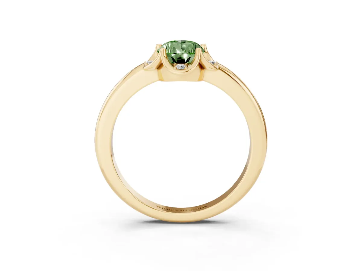 Fancy Green Pear Cut Halo Diamond Ring with Round Cluster Setting, Solitaire Band, and Four-Prong Setting Yellow gold