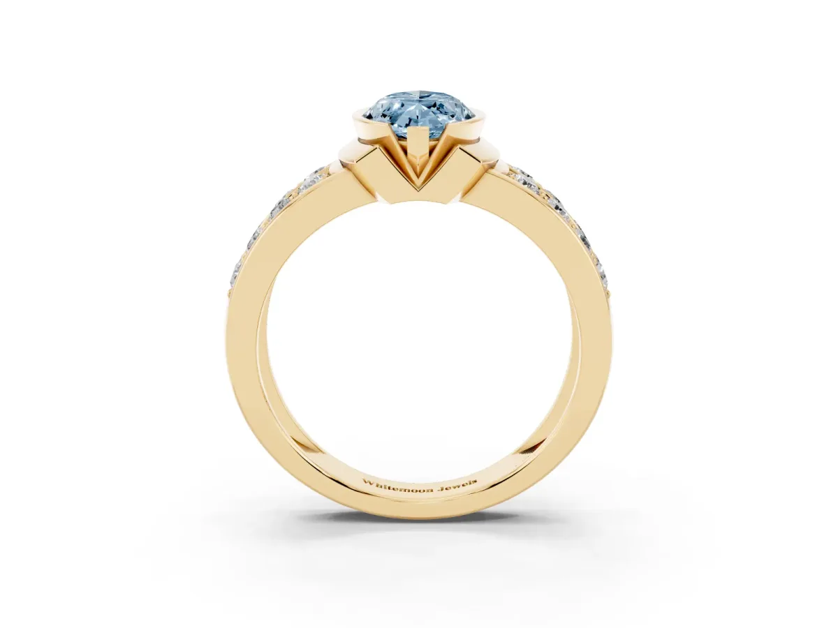 Fancy Blue Marquise Cut Brilliant Diamond Channel Set Wide Band Ring with Bezel Setting Yellow gold