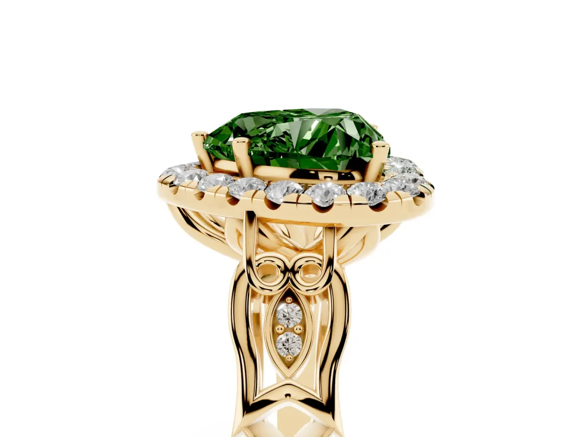Fancy Green Heart Cut Halo Diamond Engagement Ring with Filigree Band and Four-Prong Setting Yellow gold
