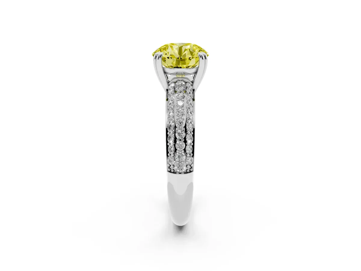 Fancy Yellow Round Cut Diamond Solitaire Ring with Multi-Row Round Pavé Band and Prong Setting Silver