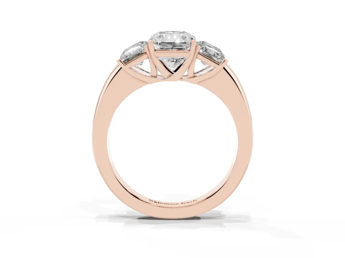 Radiant Cut Diamond Three-Stone Ring with Four-Prong Setting and Classic Band Rose gold
